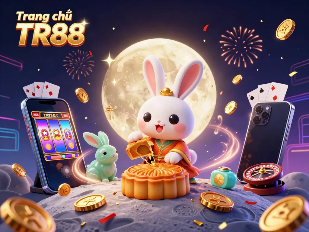 Experience the thrill of gaming at Trang chủ TR88 with a creative scene showcasing festive characters and vibrant casino elements.