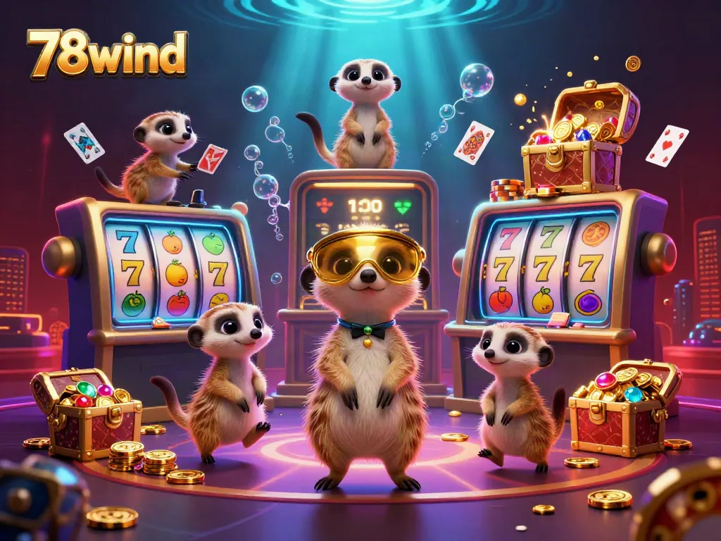 Engage in thrilling gaming adventures at 78wind with dynamic meerkats operating a vibrant casino.