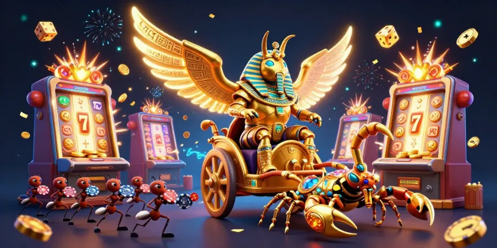 Experience thrilling jackpots at Yo88 with an engraved treasure scene of slots, scorpions, and golden dice.
