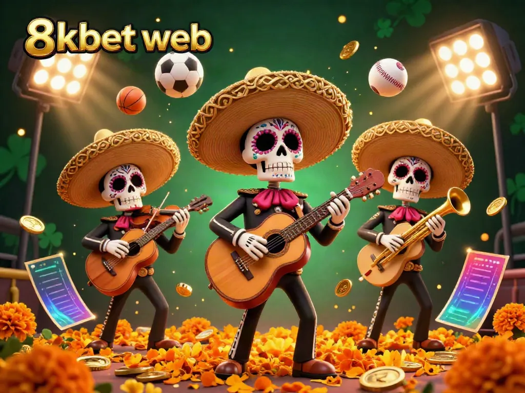 Experience the dynamic world of 8xbet web with a lively skeleton mariachi band surrounded by vibrant sports elements and rich casino imagery.