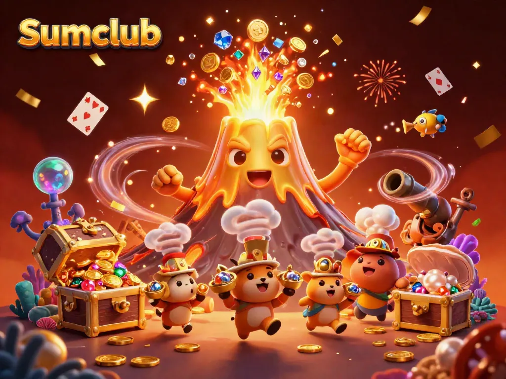 Experience the thrilling eruption of treasures at Sumclub, highlighted by vibrant elements and animated characters.