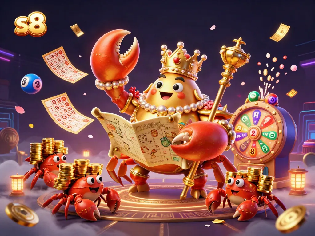 Engaging dynamic scene featuring s8's golden crab emperor overseeing a vibrant online gaming experience.