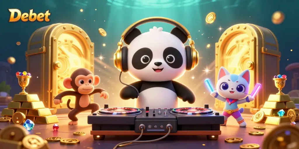 Join the Debet fun with a DJ panda, breakdancing monkey, and glow-stick kitten in this online casino scene.
