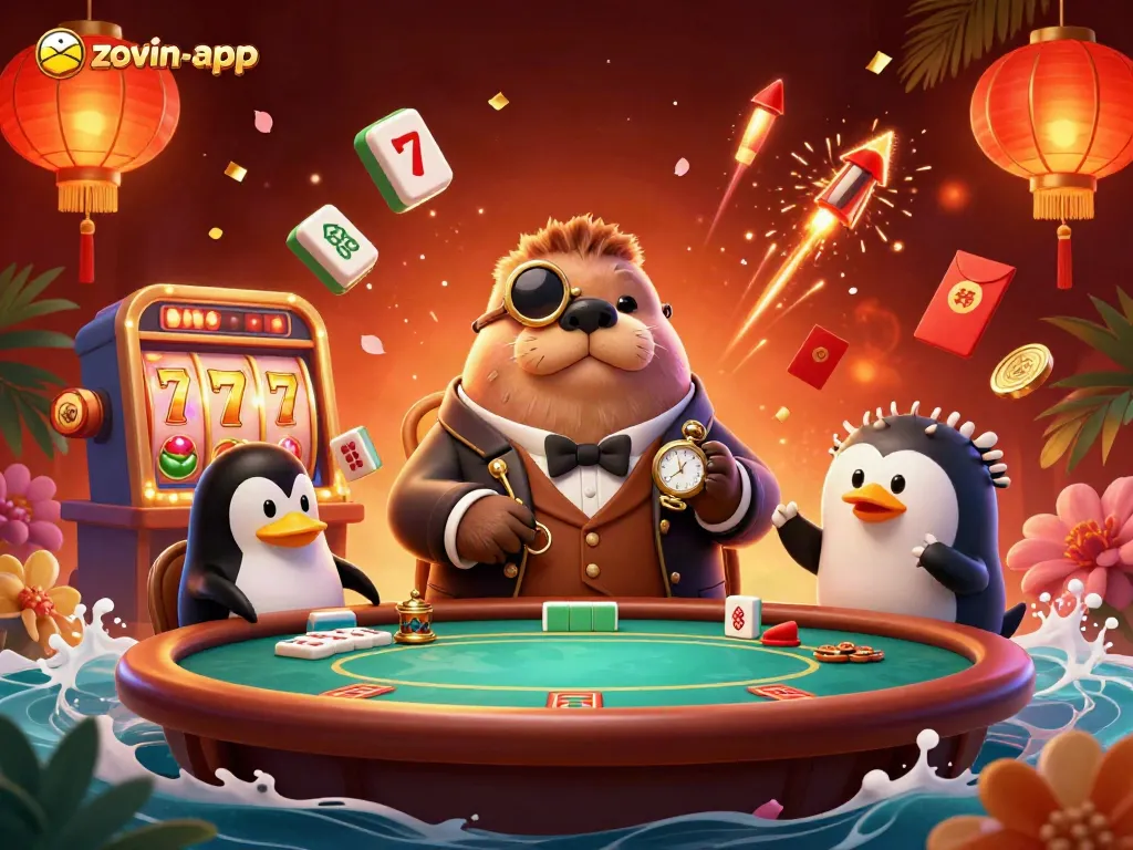 Experience excitement with zowin-app at the underwater poker table with cartoons playing against a vibrant casino backdrop.