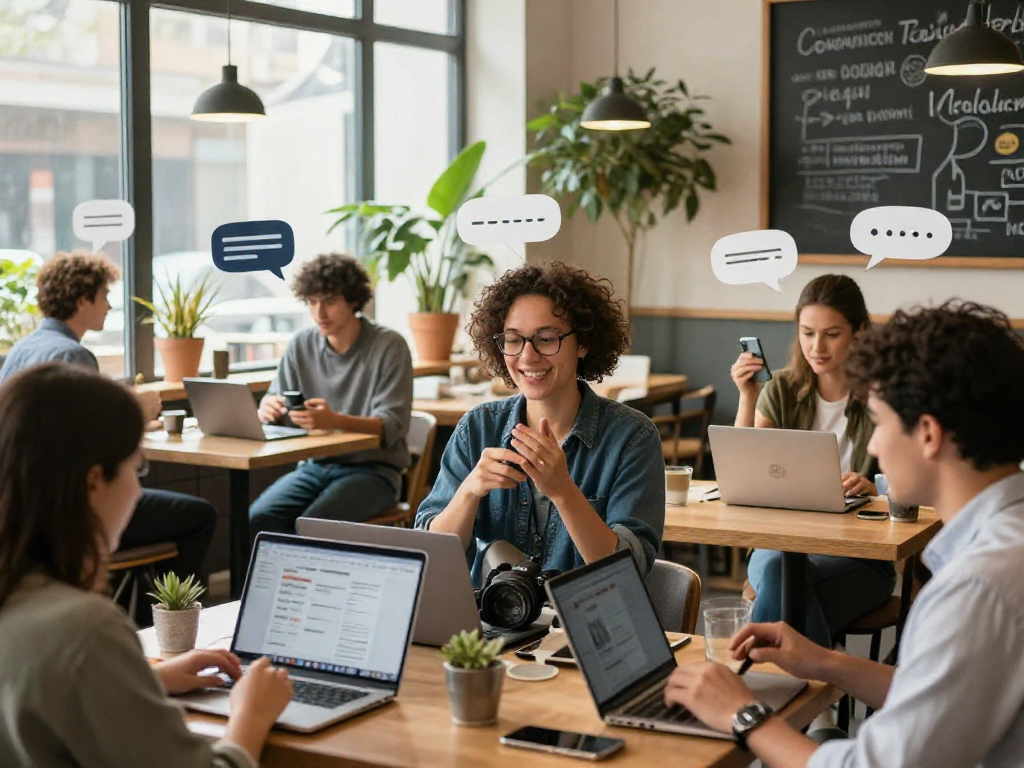 Juicy chat conversations in a lively coffee shop filled with diverse participants.