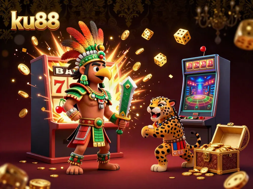 Experience thrilling gambling action with ku88 in a dynamic 3D scene featuring Aztec warriors, slot machines, and jackpot excitement.