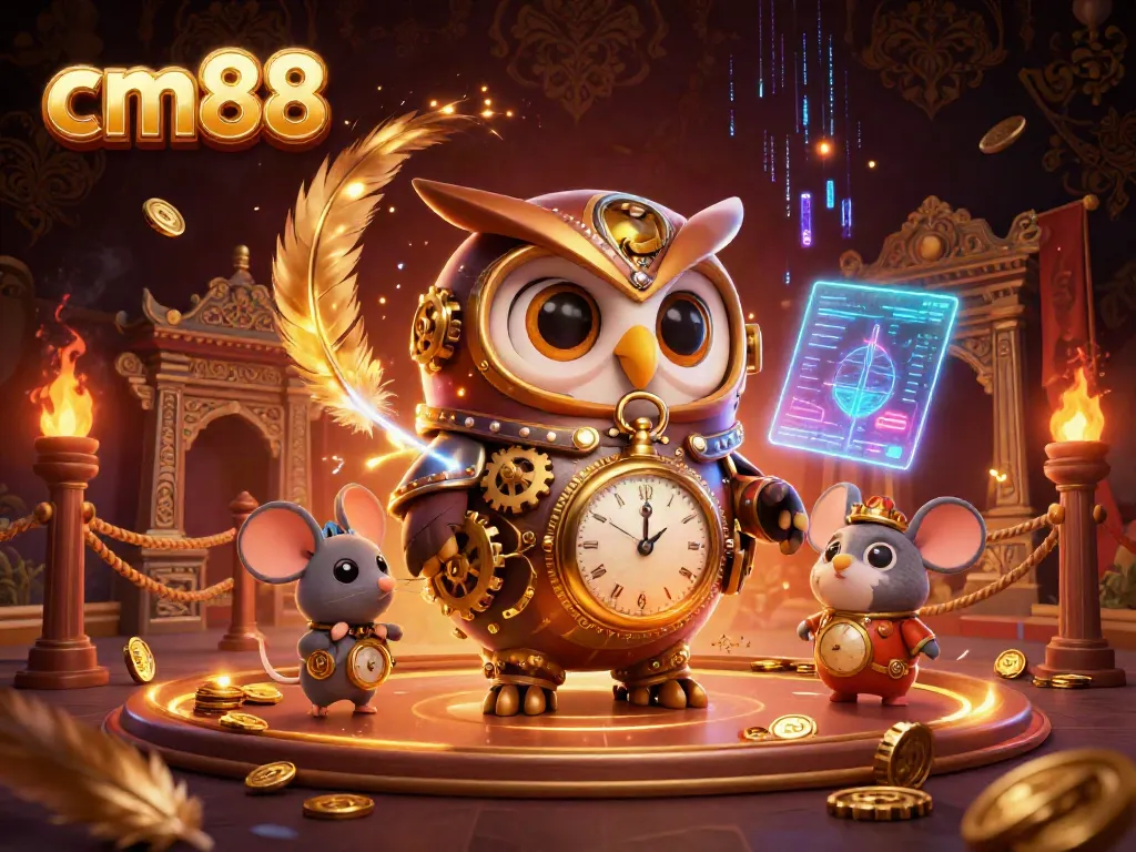 cm88 features a whimsical time-traveling owl in a vibrant Victorian casino scene, capturing excitement.