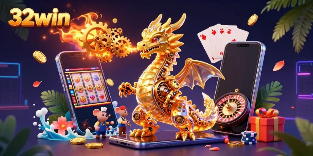 32win slots showcase with a golden dragon and vibrant gaming elements, symbolizing excitement.