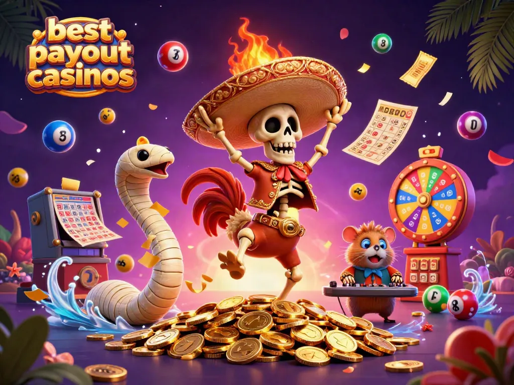 Experience the thrill of winning at the best payout casinos with lively, colorful characters celebrating amidst golden coins and dynamic game elements.