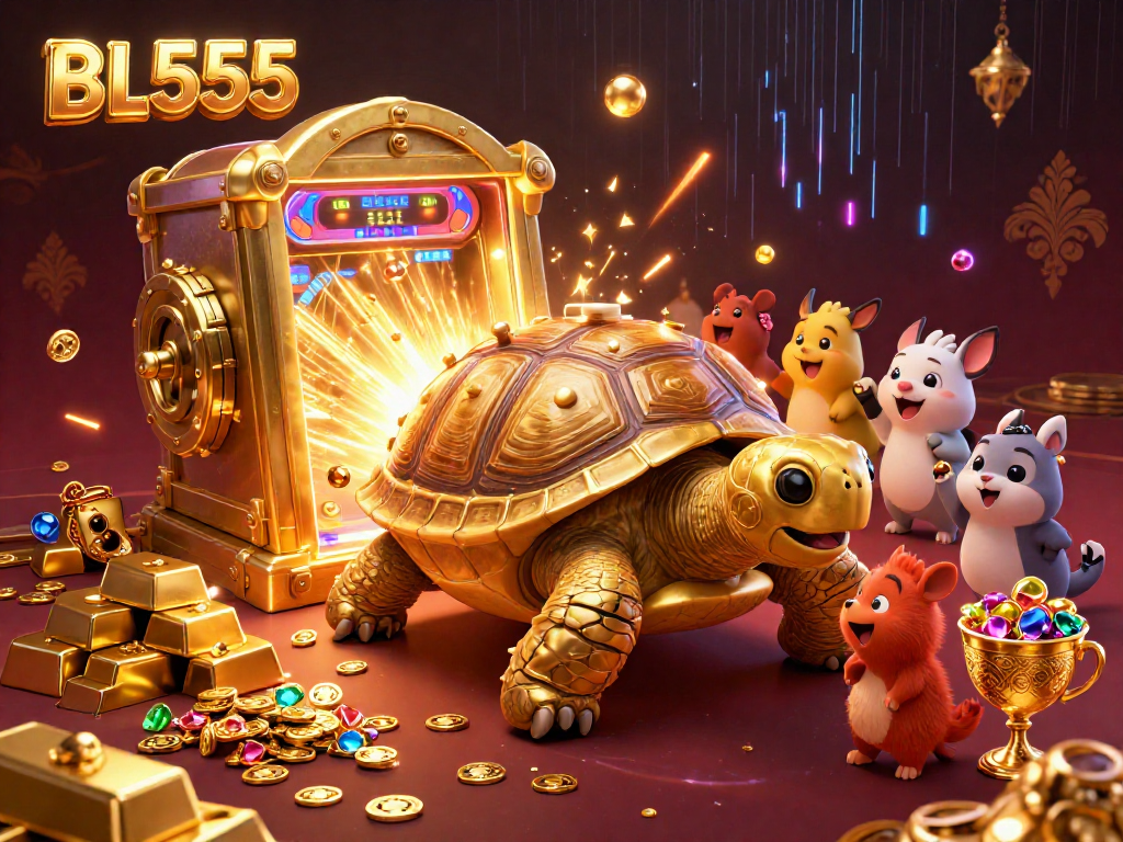 Engage in exciting gameplay with BL555's vibrant 3D casino illustration featuring a golden tortoise and treasure.