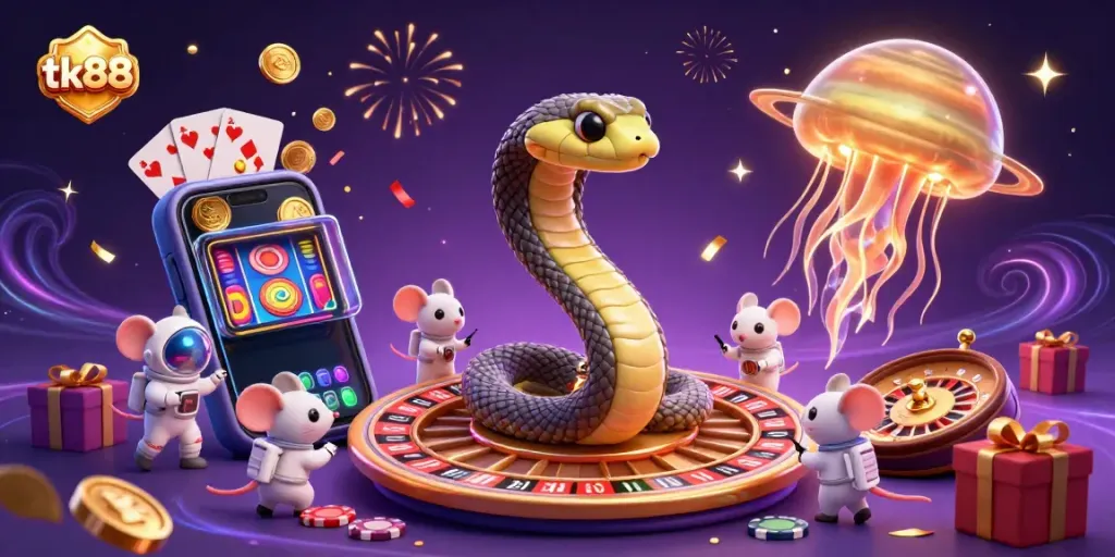 Experience casino excitement with tk88 as astronaut mice place bets around a cosmic roulette.