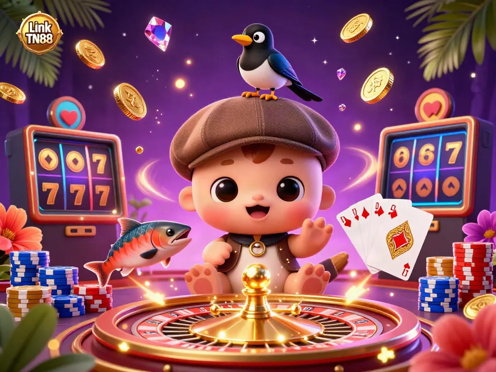 Engage in vibrant casino themed fun with Link TN88, featuring Nessie and playful magpie amidst cascading coins.