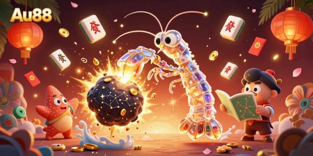 Experience exciting gameplay with Au88, featuring vibrant illustrations of a samurai mantis shrimp action scene.