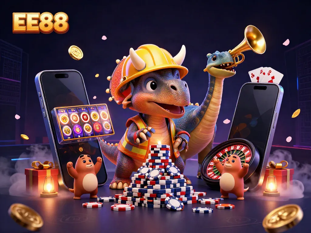 EE88 features a triceratops building a poker chip pyramid amidst vibrant casino excitement.