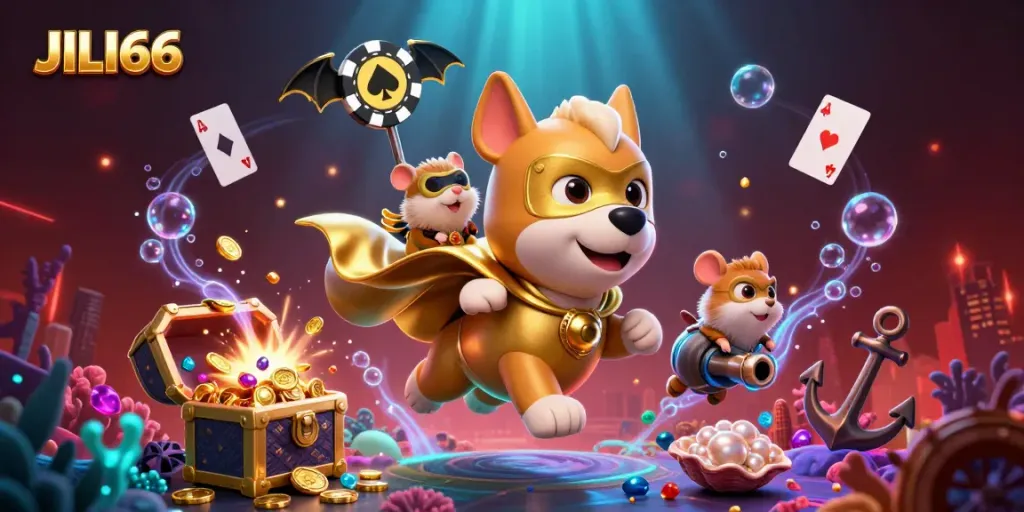 JILI66 superhero dog flies with gold coins amid vibrant underwater casino treasures.