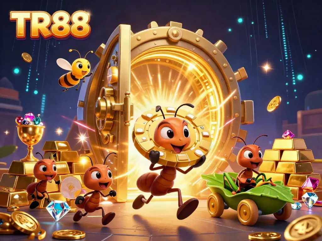 Ants in 3D cartoon fashion carry a golden poker chip for TR88, celebrating casino excitement.