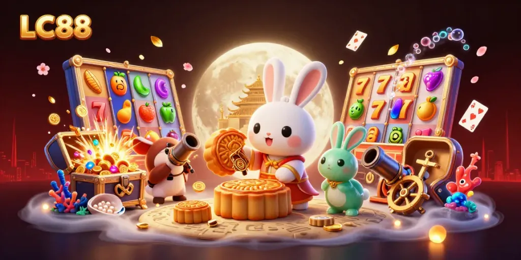 LC88 showcases a vibrant scene with a moon rabbit amidst dynamic slot elements for an engaging casino experience.