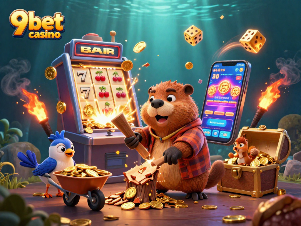 Experience the thrill of 9bet casino with a whimsical 3D scene of characters and gaming elements.