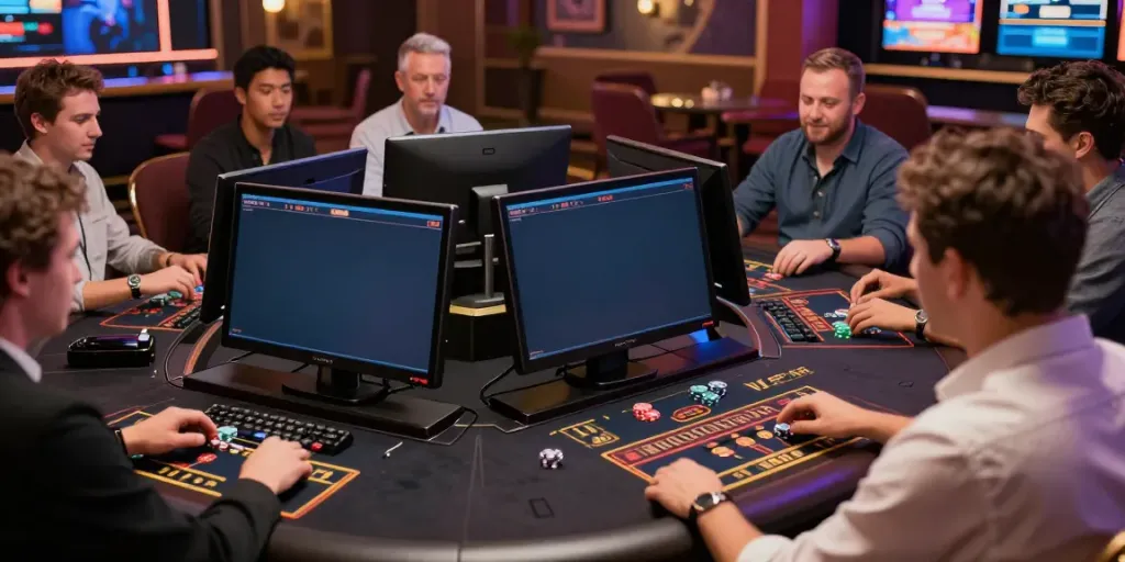 Exciting online gaming experience at https://vin88.team/ with diverse players enjoying live dealer games in a sophisticated casino setting.