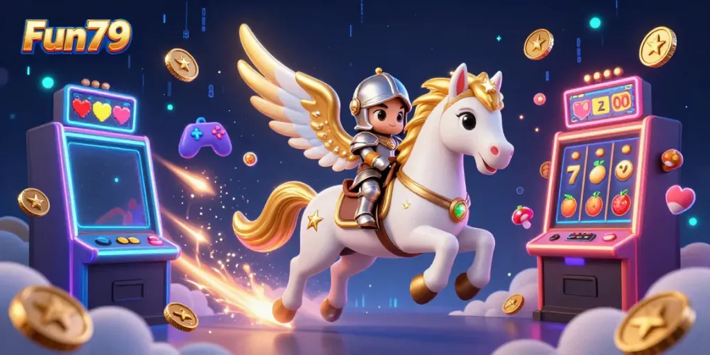 Experience Fun79's vibrant casino atmosphere with a celestial-themed gaming scene featuring slot machines and stardust.