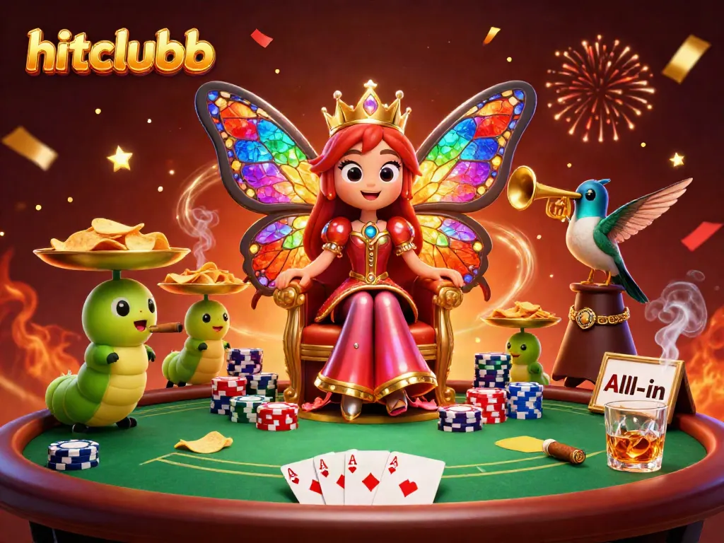 Experience the excitement at hitclubb with a vibrant casino scene featuring a butterfly queen, poker elements, and dynamic celebratory details.