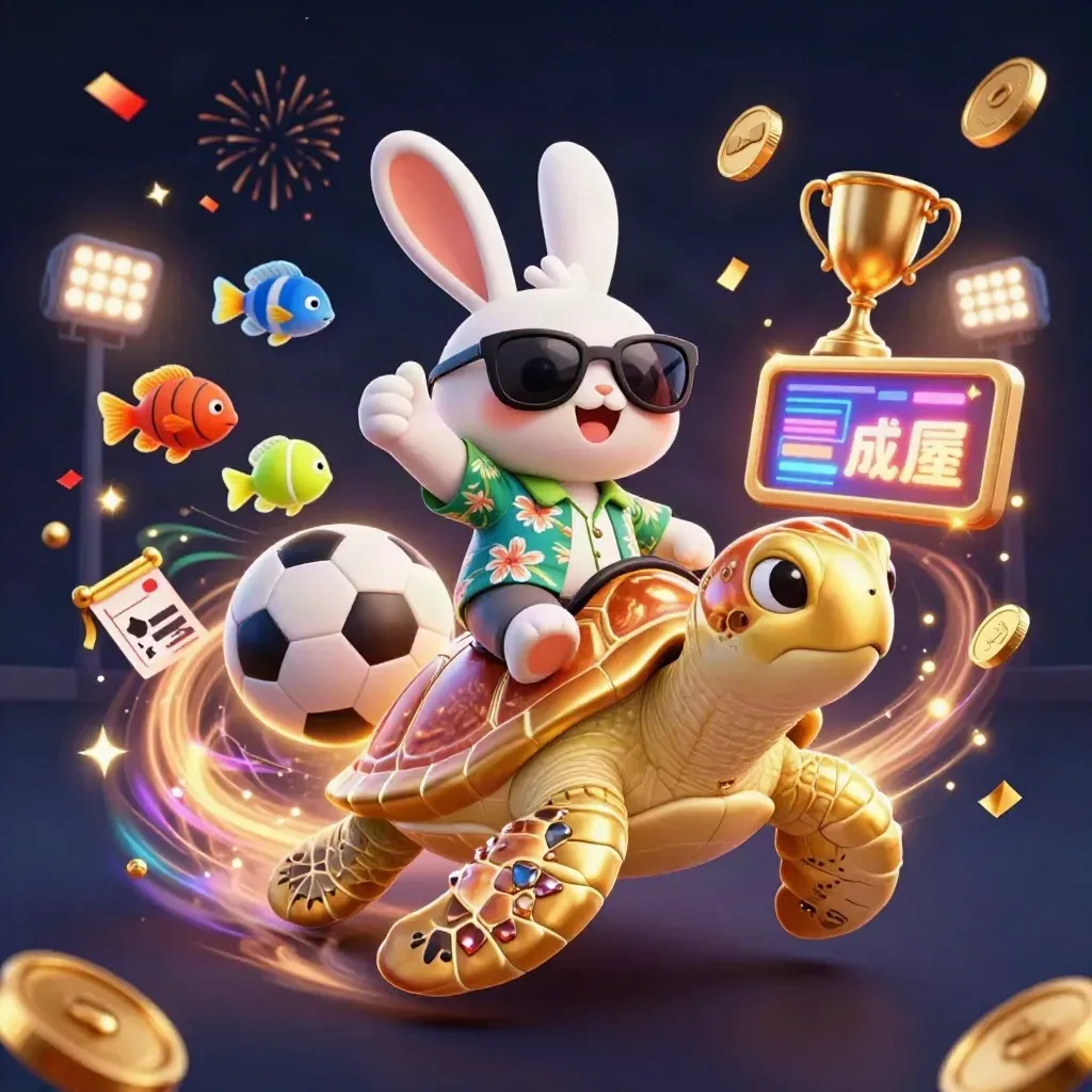 Lucky rabbit rides a golden sea turtle amid coins, balls, fireworks, and glowing beams.