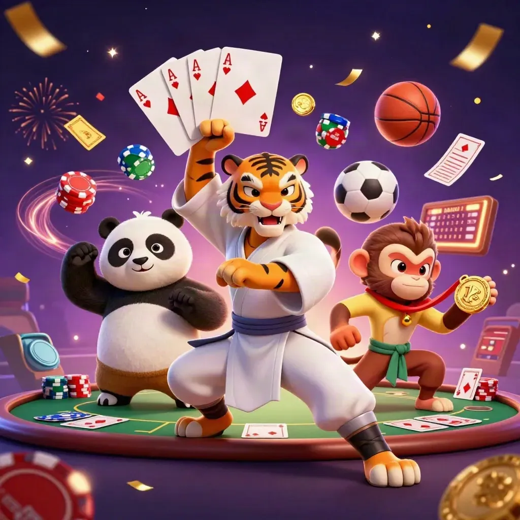 Kung-fu tiger, panda, and monkey amid casino props, chips, cards, and purple magic glow.