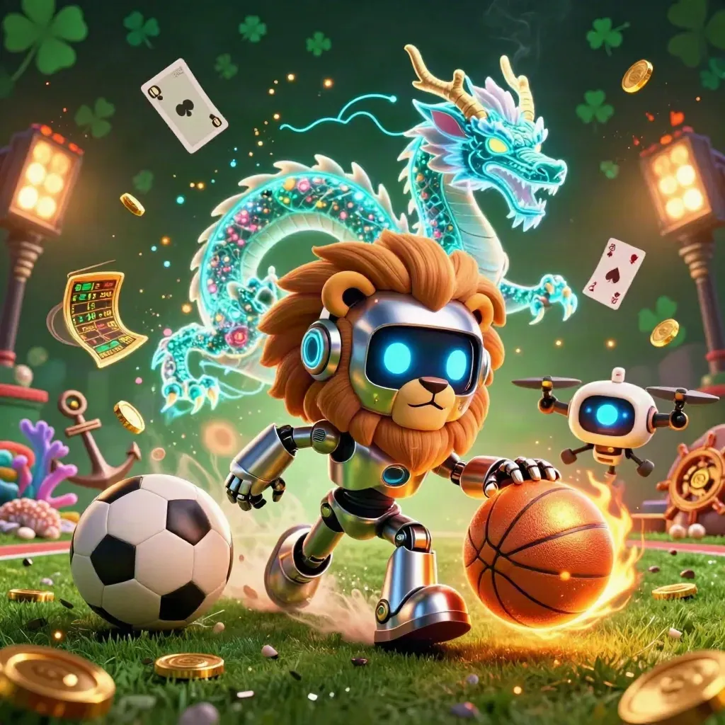Chrome robot mascot, holographic dragon and drone amid coin spray, coral, cards and glowing sports gear.