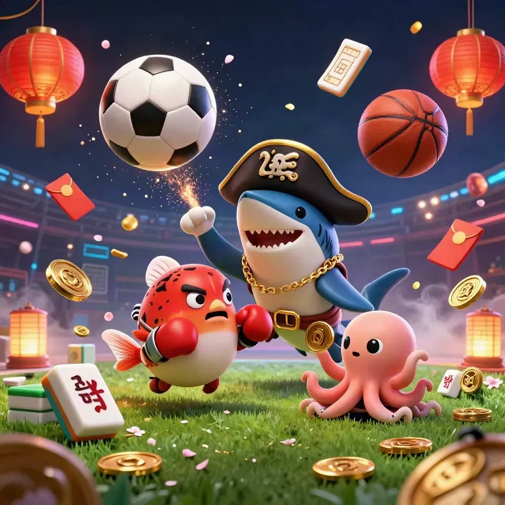 Pirate shark, boxing pufferfish, and octopus amid football turf, coins, lanterns, and neon glow.