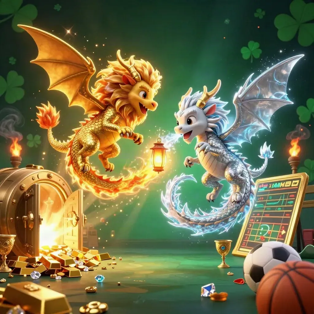 Two dragons form a fiery yin-yang above treasure, gems, sports props, and a glowing vault.