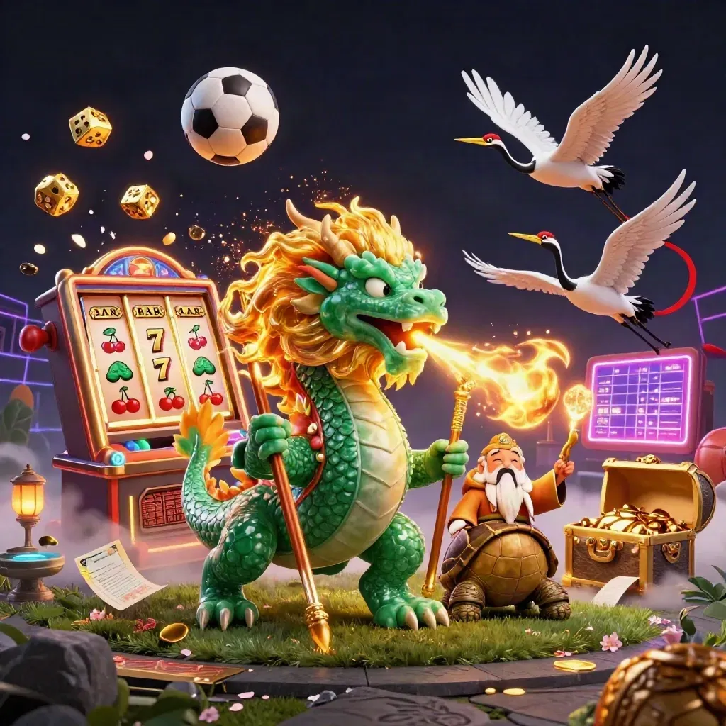 Jade dragon, turtle sage, and cranes amid sports props and casino bursts