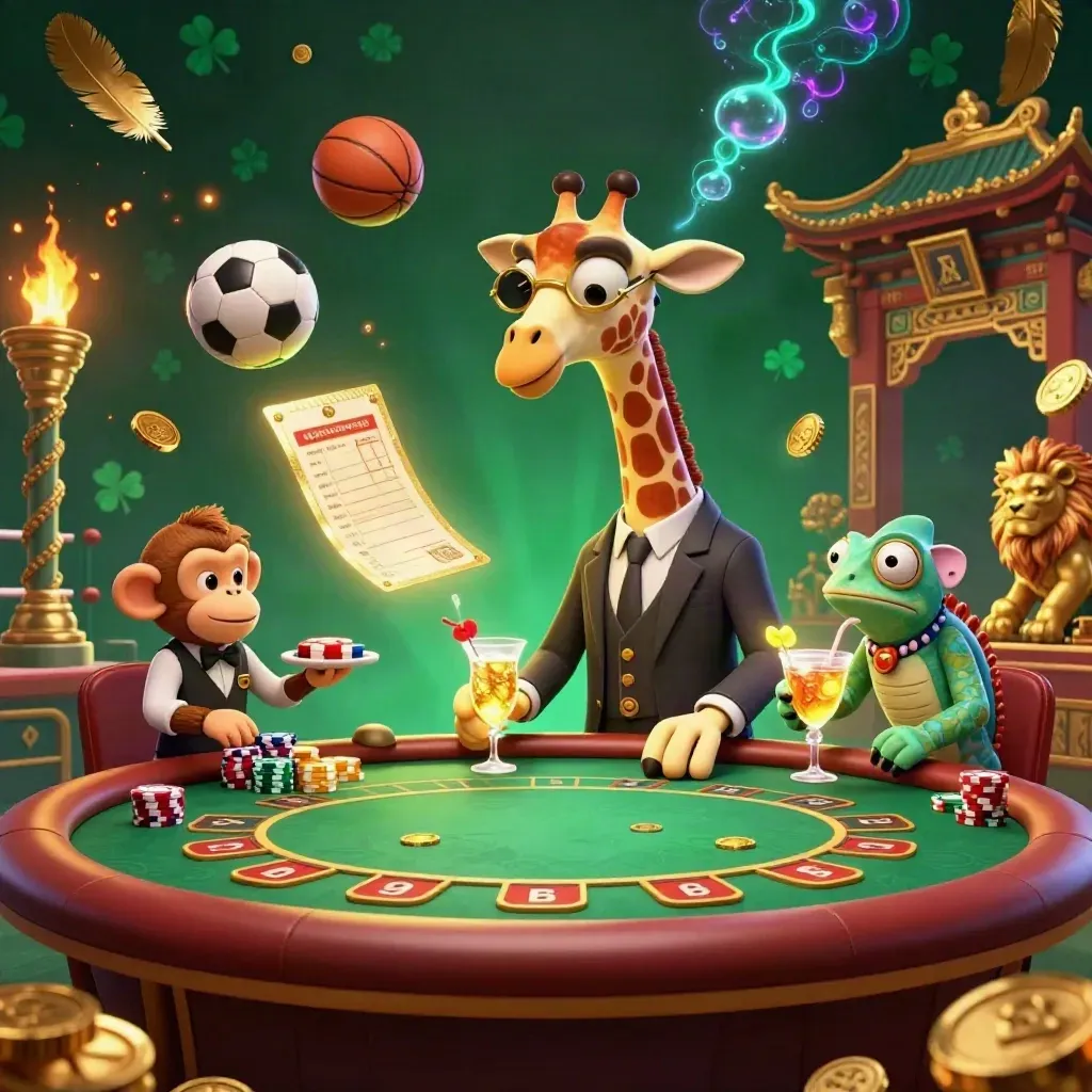 Cartoon giraffe, monkey, and chameleon amid flying sports balls, gold coins, and neon casino glow.