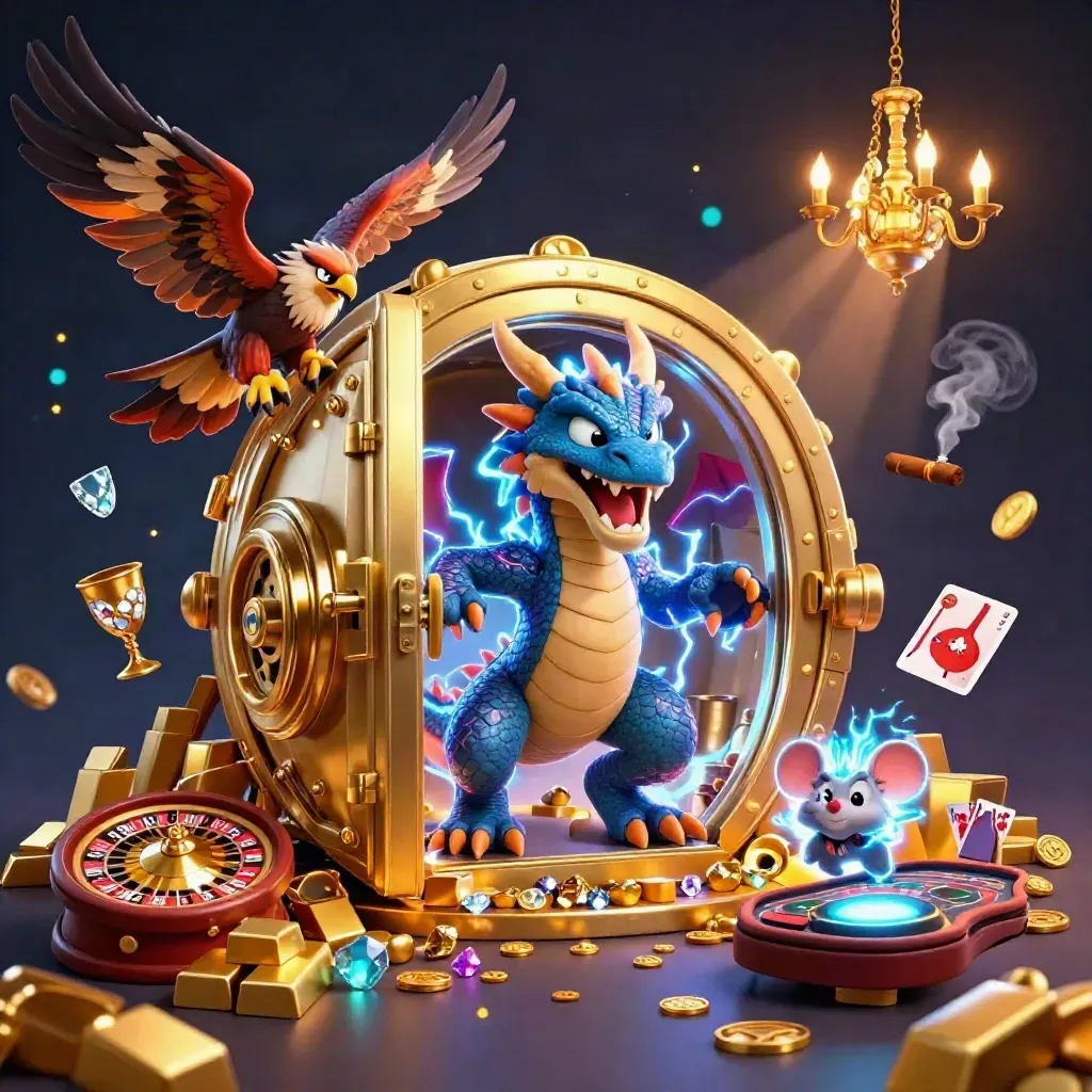 Thunder dragon, wind hawk, and static mouse amid gold, gems, and a glowing vault.