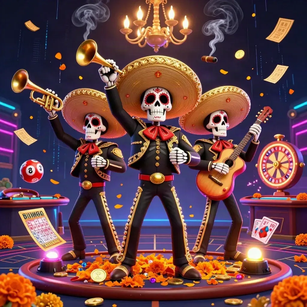 Skeleton mariachi trio amid casino lights, neon grid, and floating game props.