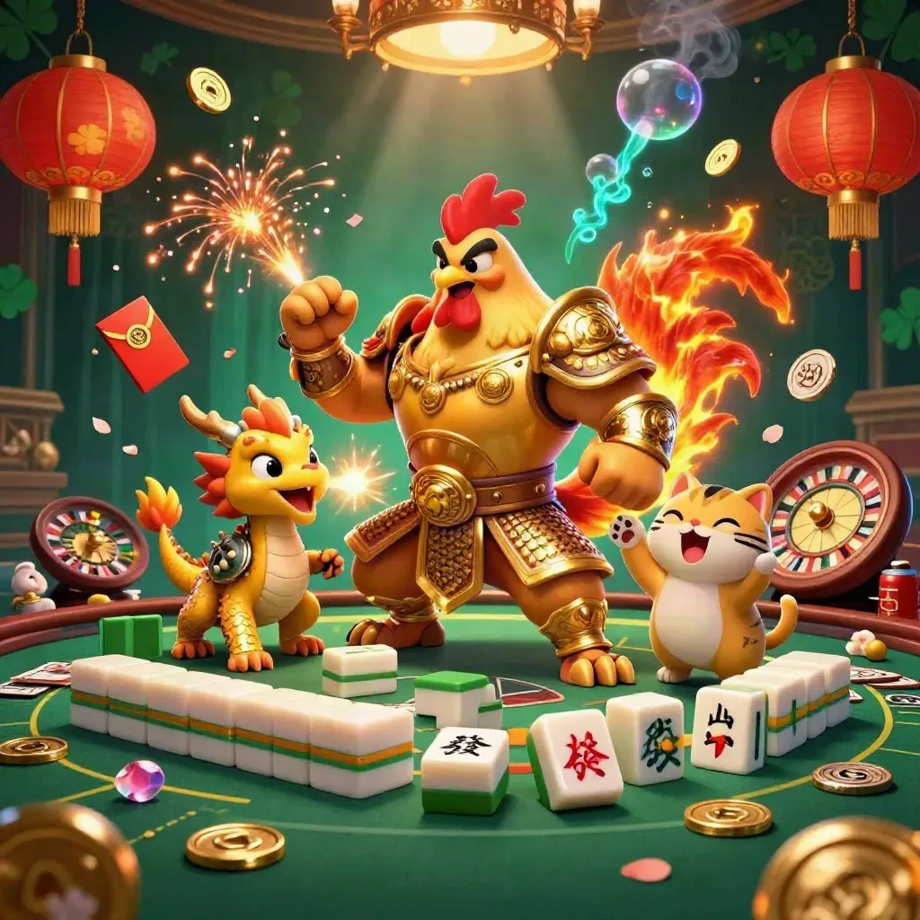 Rooster samurai, spark-breathing dragon hatchling and cheering fortune cat in a glowing casino fantasy.