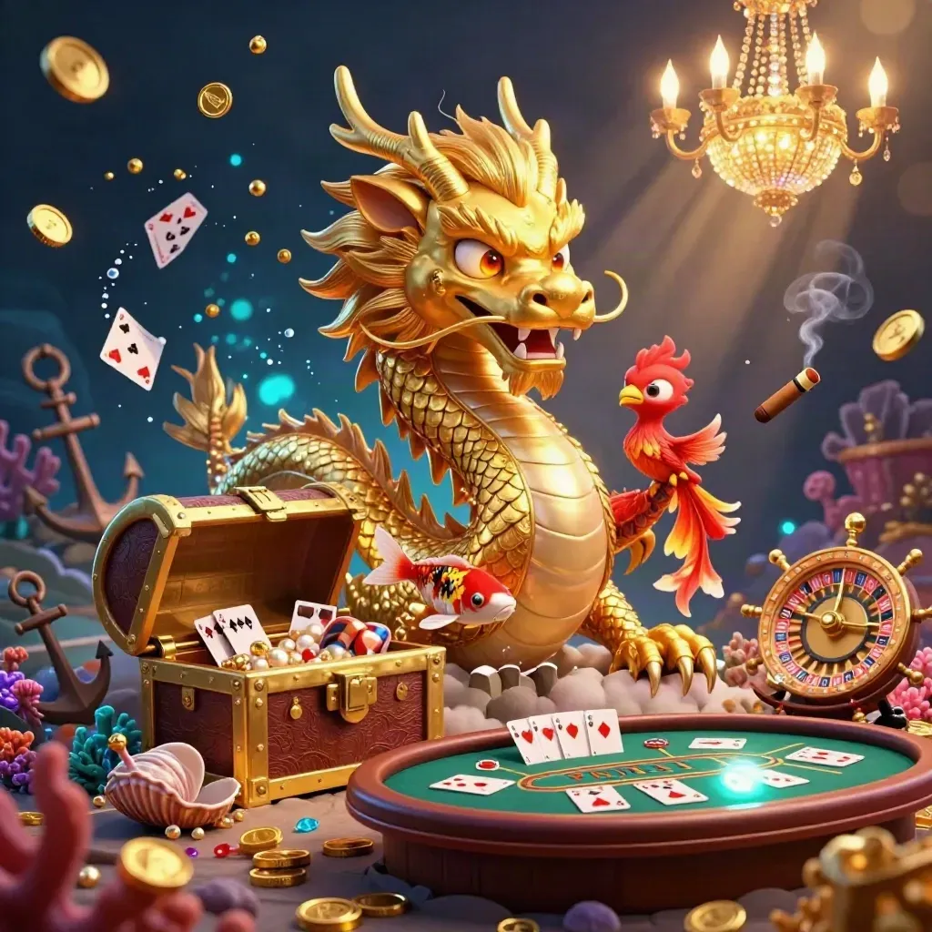 Golden dragon with phoenix and koi amid casino treasure, glowing in navy and gold.