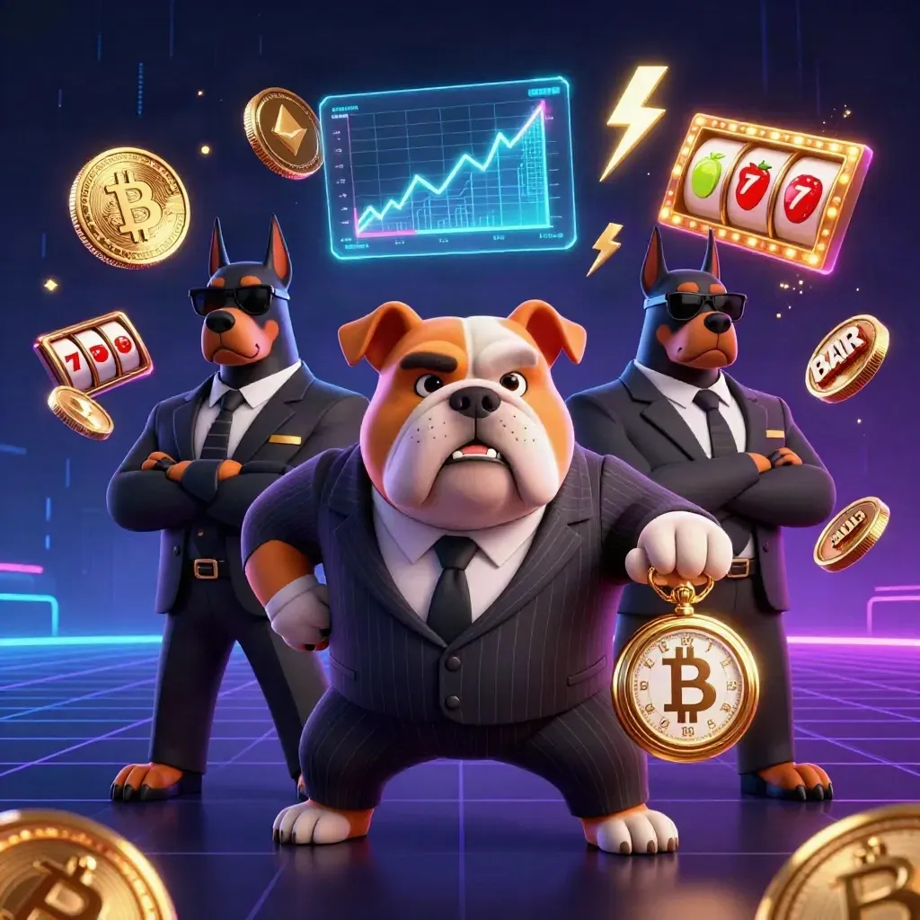 Mobster bulldog and Doberman guards amid neon coins, reels, and casino energy on a dark grid.