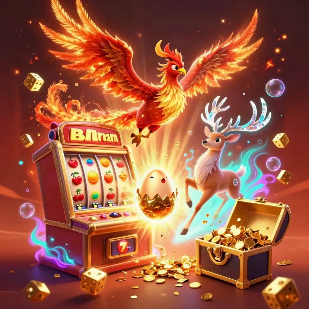 Phoenix, hatching egg, and crystalline stag explode amid gold, reels, dice, and cyan glow.