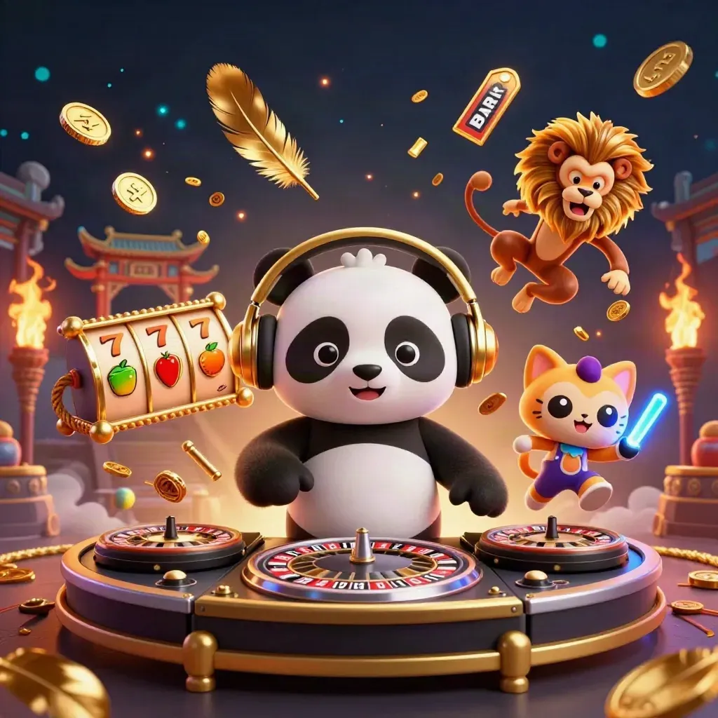 DJ panda, breakdancing monkey, and glow-stick kitten in a casino rave with roulette wheels.