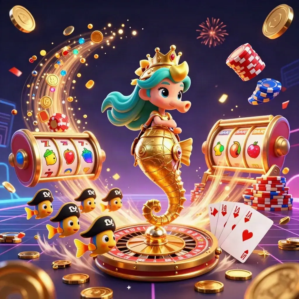 Turquoise-haired mermaid princess on golden seahorse amid casino treasure burst and neon magic.