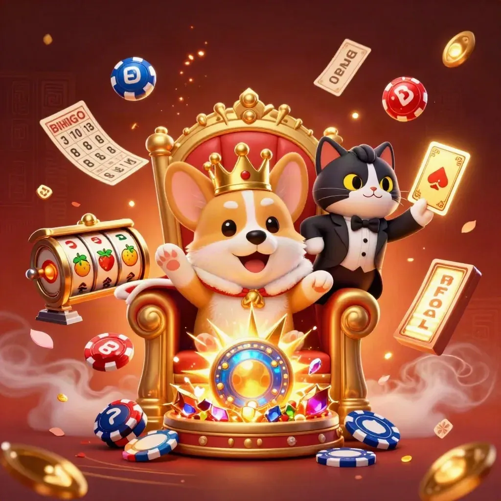 Royal corgi and cat butler amid casino relic magic, chips, balls, reels, and gold effects.