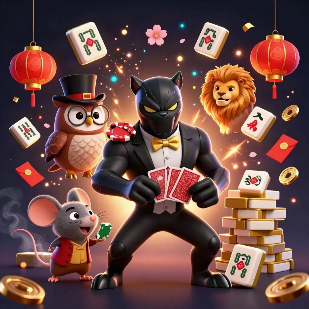 Panther, owl, and mouse casino heroes amid lanterns, coins, petals, and glowing effects.