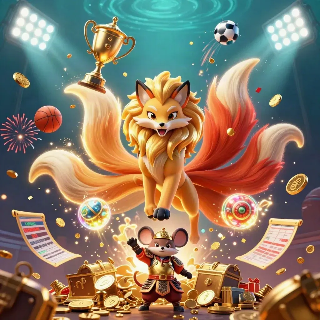 Fox spirit and samurai mouse amid coins, balls, confetti, fireworks, and treasure vault burst.