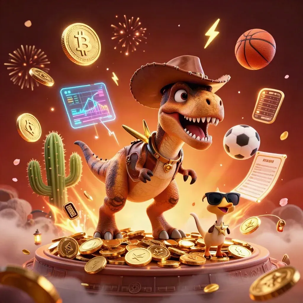Cartoon cowboy T-Rex and sidekicks amid exploding casino vault coins, crypto icons, fireworks.