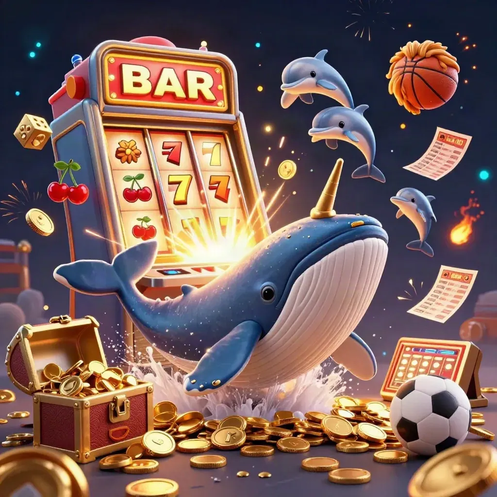 Whale captain, narwhal, dolphins, slot burst, coins, fireworks, sports betting icons in casino glow