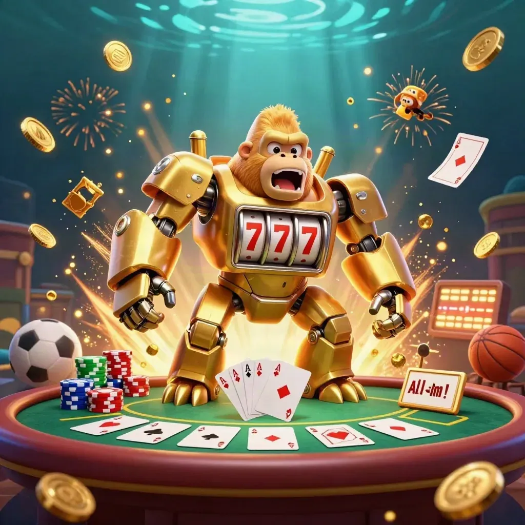 Golden gorilla mech with monkey pilot amid chips, cards, coins, fireworks, and a midnight casino vault burst.