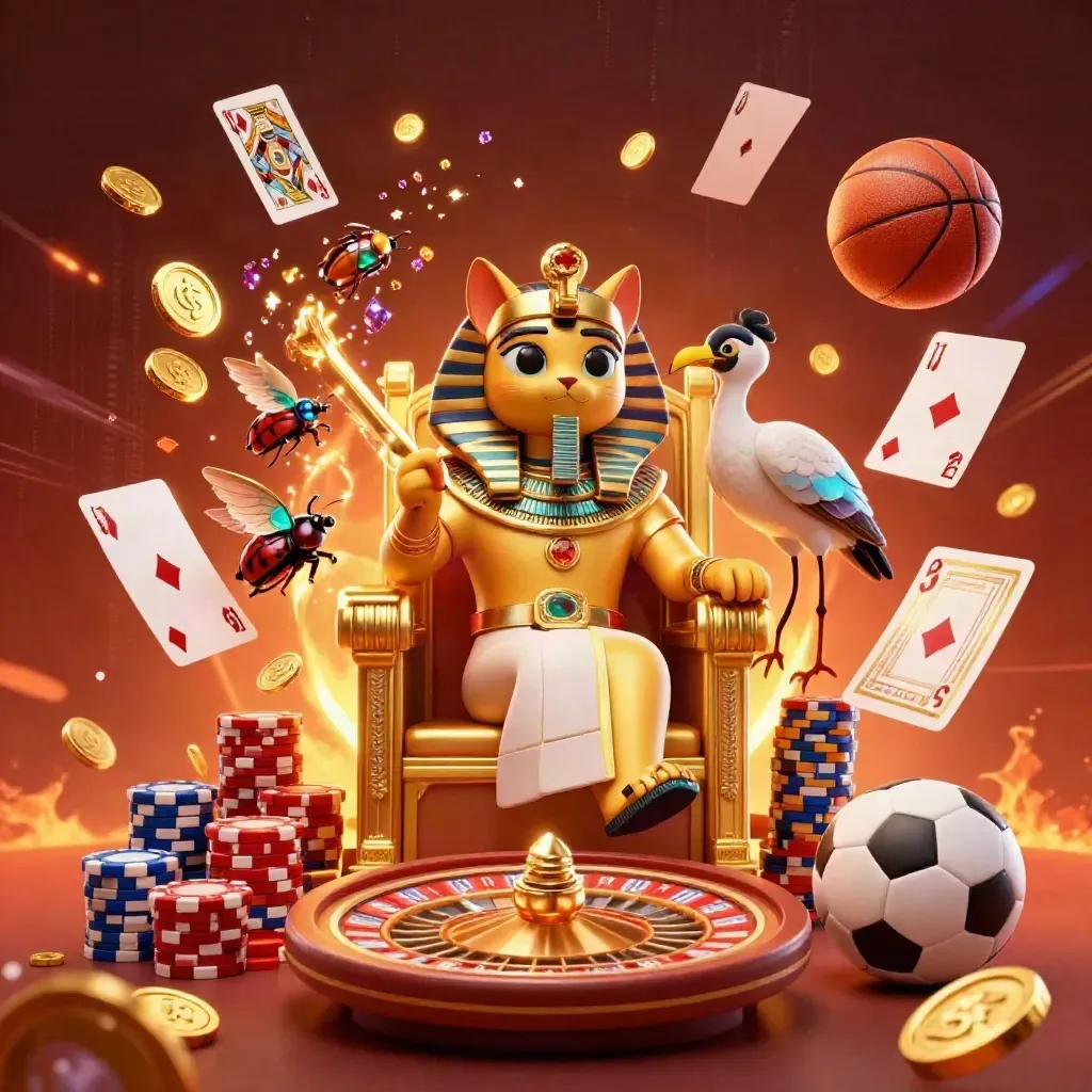 Pharaoh cat, ibis scribe, and gem-winged scarabs amid coins, chips, roulette, cards, and sports bets.