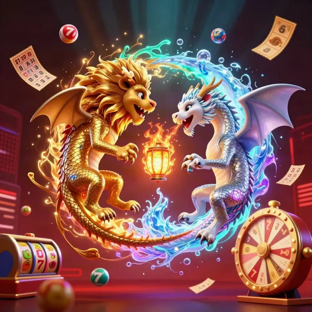 Twin gold and silver dragons spiral around casino symbols in a dark neon glow.