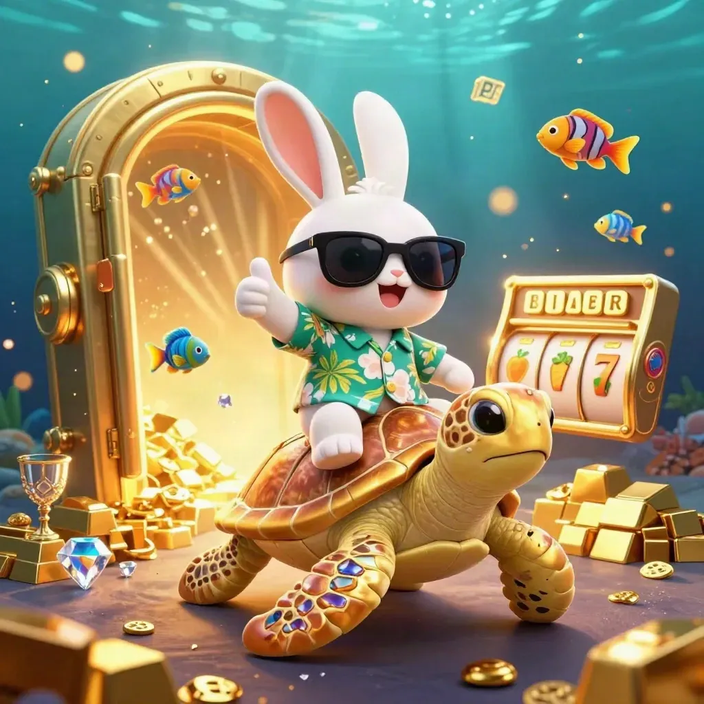 Lucky rabbit rides a gem-shelled sea turtle underwater amid gold, reels, and treasure.