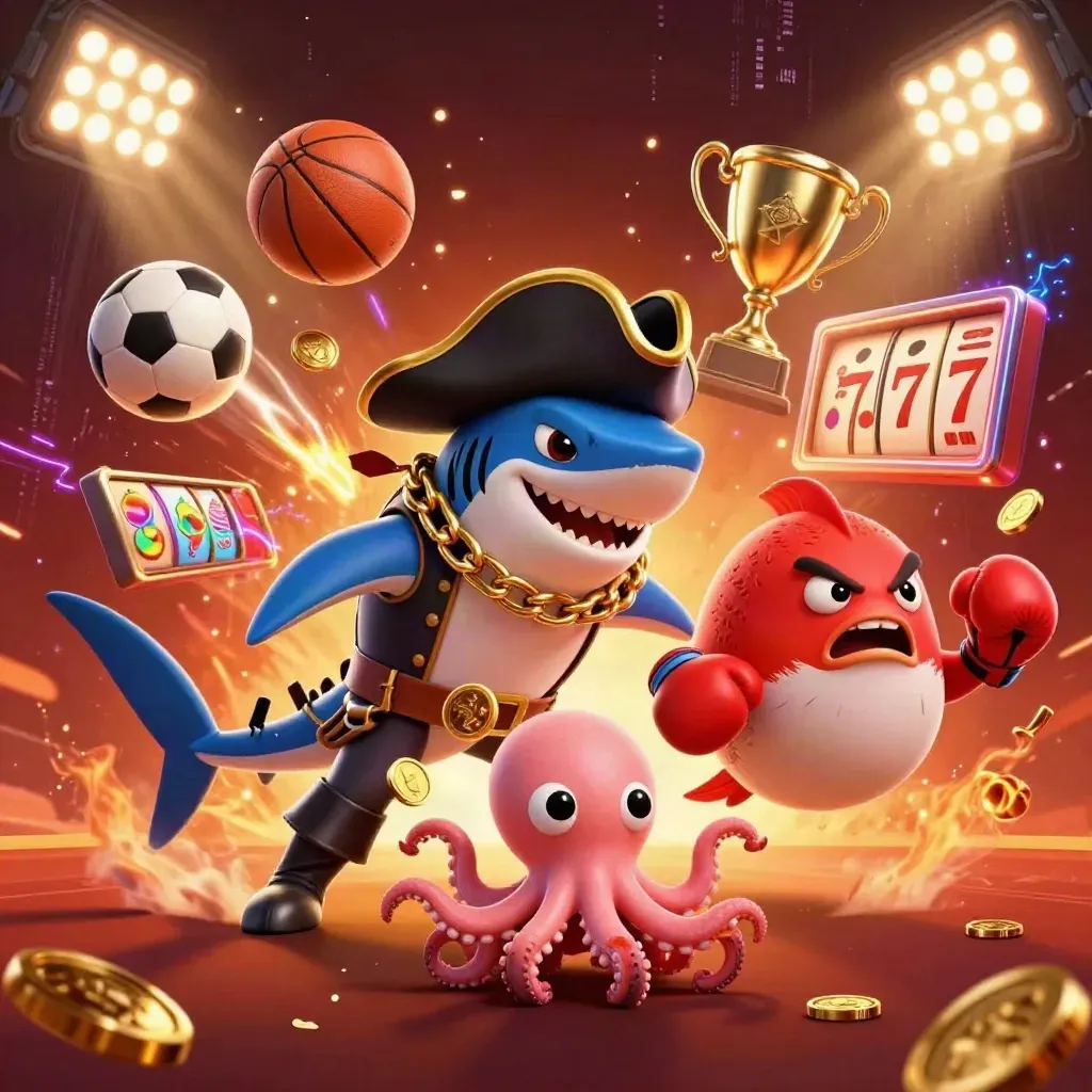 Pirate shark, boxing pufferfish, and coin-juggling octopus amid casino sports chaos.